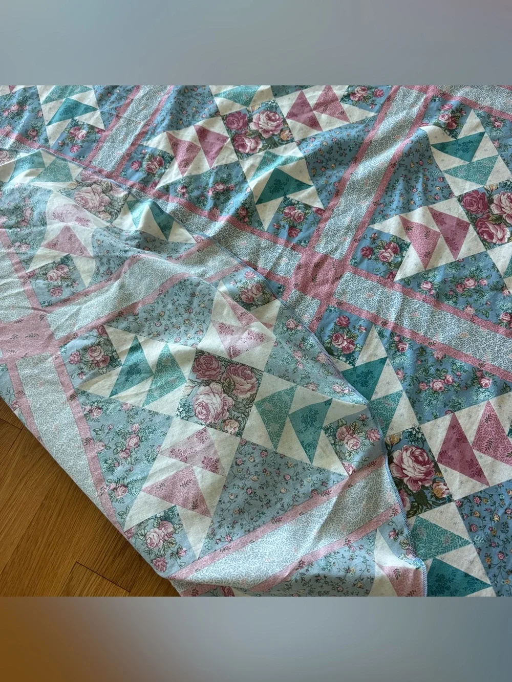 Vintage Oval Quilt Pattern Tablecloth Pink Teal Floral Cottage Farmhouse Decor